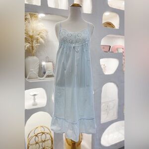 Light Blue Sleeveless Cotton Night Dress with Eyelet Neckline and Ruffle Hem